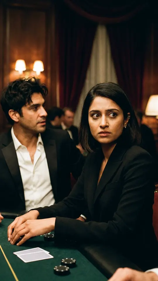 Leila and Nico sit side by side at a private poker table.