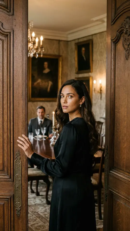 A woman in black holds a door half open; behind her, a man waits at a candlelit dinner table.